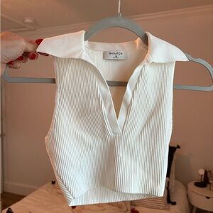Babaton Cream Ribbed Collared Crop Top